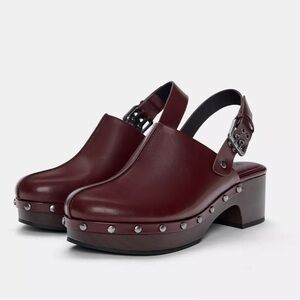 Pull&Bear Dark Red Leather Studded Mules 6.5